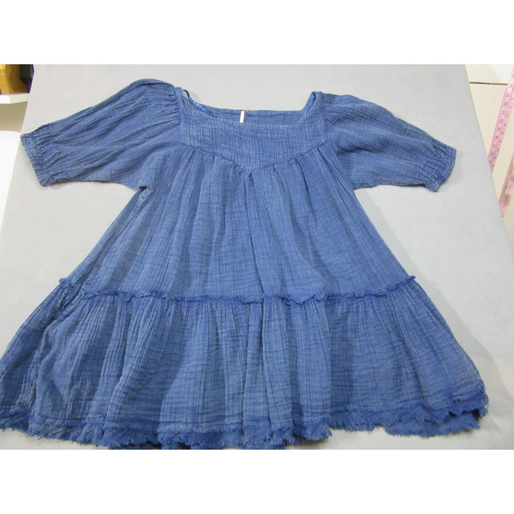 Free People Dress Womens XS Blue Peasant Mini Square Neck Puff Sleeve Frayed Hem